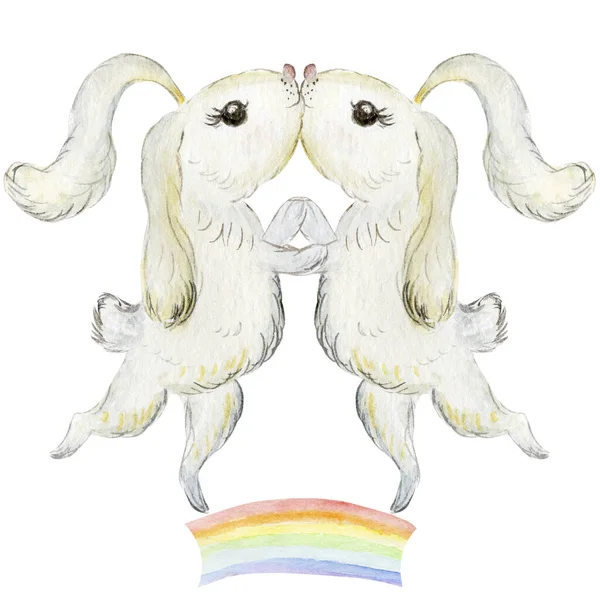 Niedliche Cartoon Illustration Von Weißen Kaninchen Küssen — Stockfoto