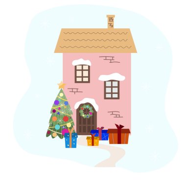 İçinde ev ve ağaç olan Noel kartı, vektör illüstrasyonu 