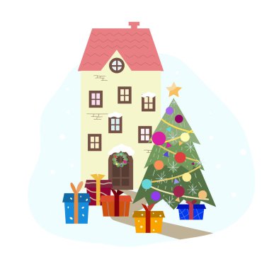 İçinde ev ve ağaç olan Noel kartı, vektör illüstrasyonu 