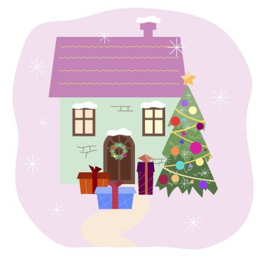 Ev ve vektör illüstrasyonlu noel kartı 