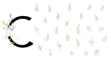 vektör yazıtipi, c harfi ve çiçekler, vektör illüstrasyonu 