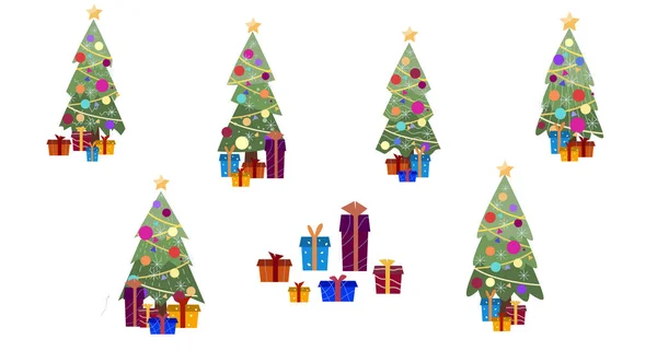 Weihnachtsbäume Und Geschenke Vektorillustration — Stockvektor