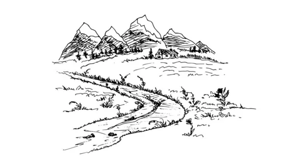 Esquisse Dessinée Main Paysage Montagneux Illustration Vectorielle — Image vectorielle