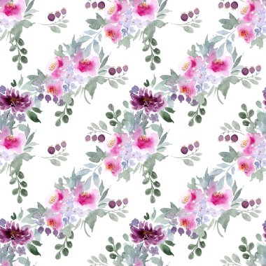 Güzel çiçek ve yaprakların suluboya çizimi, pürüzsüz desen