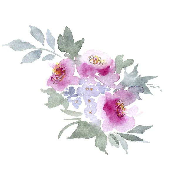 Akvarell Rajz Gyönyörű Virágok Levelek — Stock Fotó