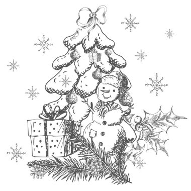 Hediye ve kardan adamla Noel ağacı. vektör illüstrasyonu