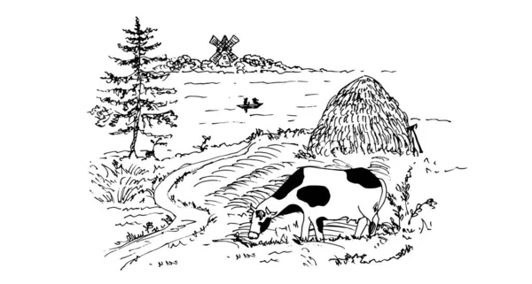 Векторная Иллюстрация Коровы Ландшафте Гор — стоковый вектор