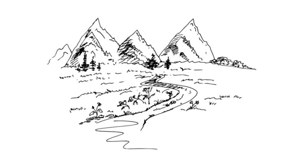 Esquisse Dessinée Main Paysage Montagneux Illustration Vectorielle — Image vectorielle