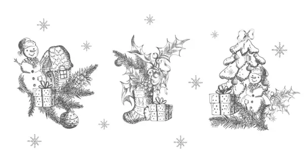 Christmas Elements Set Hand Drawn Sketch Vector Illustration — Stock Vector