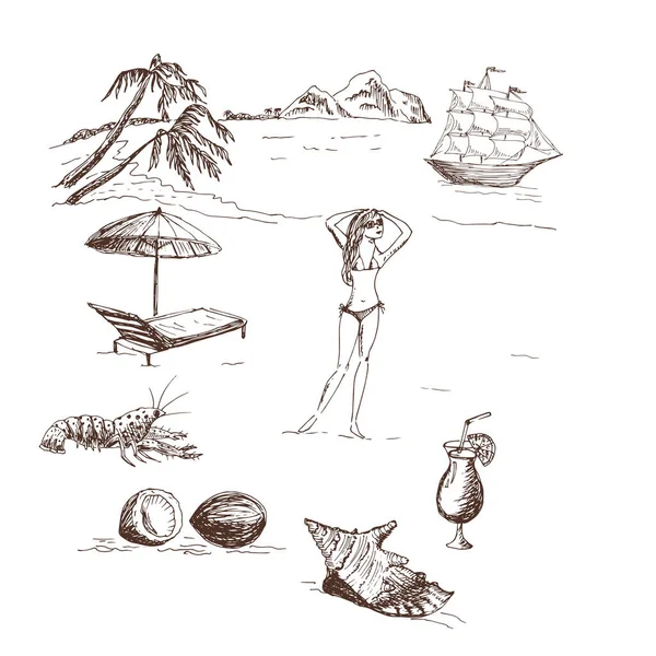 Boceto Dibujado Mano Una Mujer Playa — Vector de stock