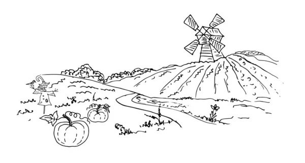 Handgezeichnete Skizze Einer Bauernmühle Vektorillustration — Stockvektor