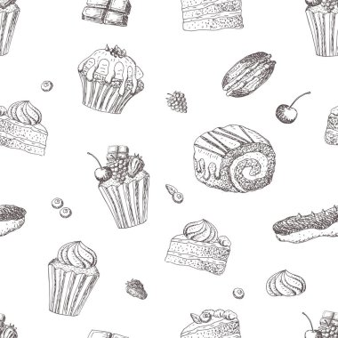 Elle çizilmiş keklerle kusursuz desen, vektör illüstrasyonu