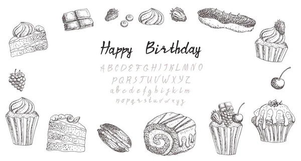 Hand Drawn Sketch Bakery Food Font Vector Illustration — Vetor de Stock