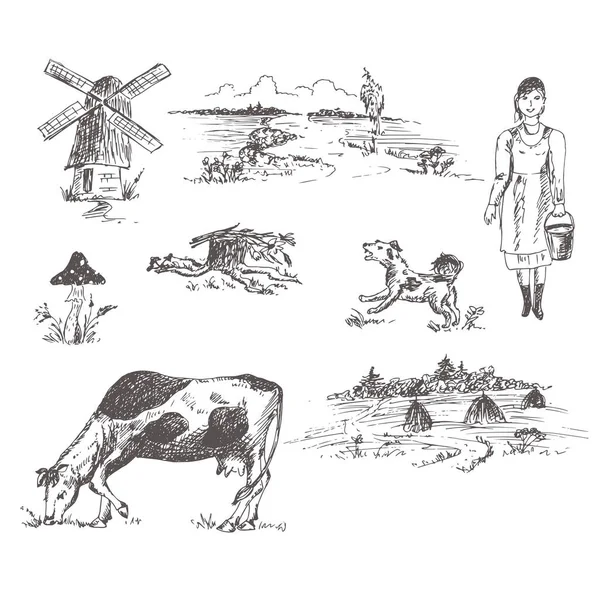 Schizzo Disegnato Mano Delle Icone Della Fattoria Illustrazione Vettoriale — Vettoriale Stock