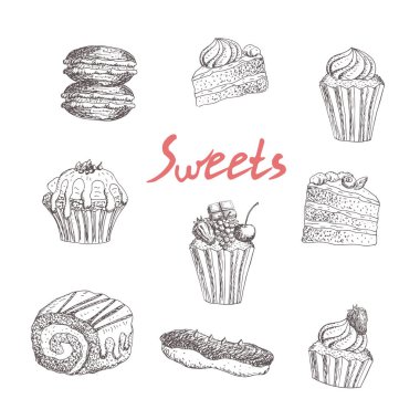 Pastanenin el çizimi çizimi simgeler seti. vektör illüstrasyonu