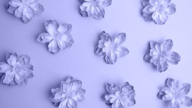  Mavi arka planda çiçekler. Üst Manzara. düz yat.