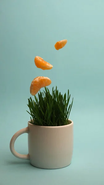Tangerines Slices Falling Green Grass Coffee Cup — ストック写真
