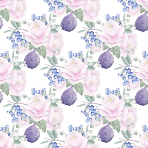 Watercolor Drawing Beautiful Roses Flowers Figs Seamless Pattern — Fotografia de Stock