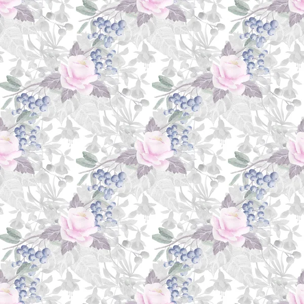 Watercolor drawing of beautiful  roses flowers, seamless pattern 