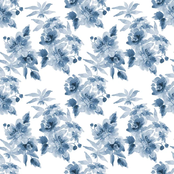 Watercolor drawing of beautiful flowers  and leaves,  seamless pattern