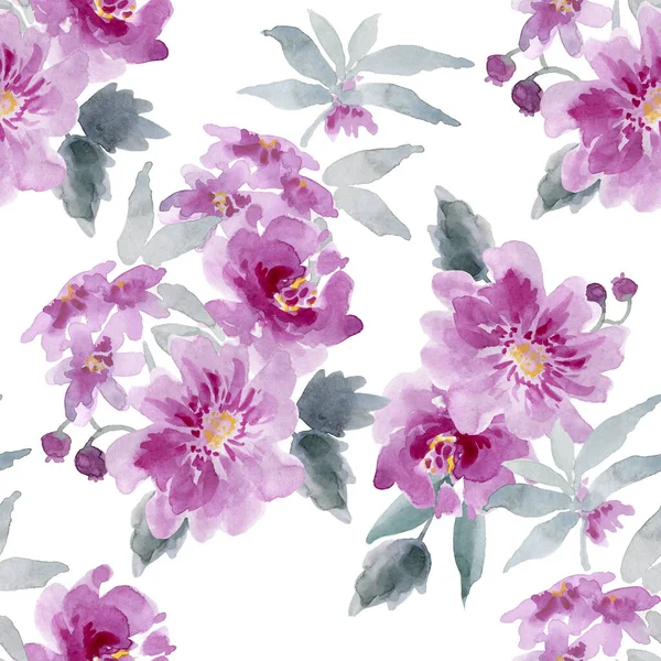 Desenho Aquarela Belas Flores Folhas Padrão Sem Costura — Fotografia de Stock