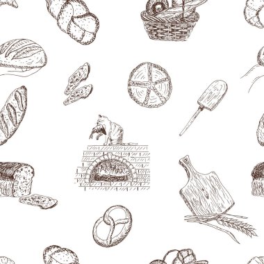 seamless pattern with hand drawn bread,  food, bakery icons