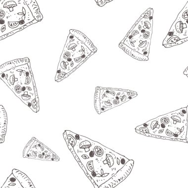 Kusursuz desenli, elle çizilmiş pizza elementleri. vektör illüstrasyonu.