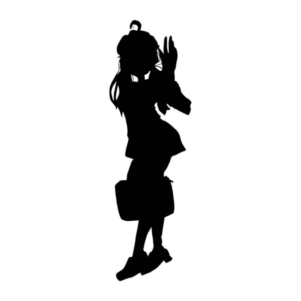 Schwarze Silhouette Eines Mädchens Mit Tasche Auf Weißem Hintergrund — Stockvektor