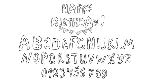 Hand Getekend Doodle Set Van Gelukkige Verjaardag Lettertype — Stockvector