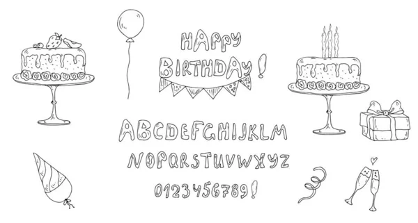 Hand Getekend Doodle Set Van Gelukkige Verjaardag Lettertype — Stockvector