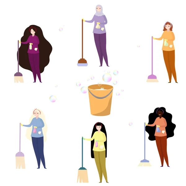 Mujeres Casa Limpieza Ilustración Vectorial — Vector de stock