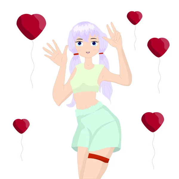 Linda Chica Con Globos Corazón Vector — Vector de stock