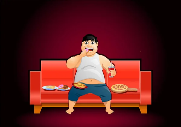 Obèse Gros Homme Manger Nourriture Sur Canapé Vecteur — Image vectorielle