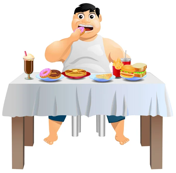 Hombre Gordo Con Sobrepeso Comiendo Mucha Comida Chatarra Mesa — Archivo Imágenes Vectoriales