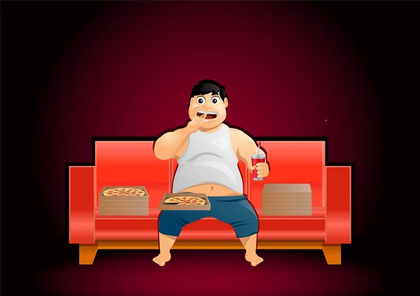 Şişman adam kanepede çok pizza yiyor.