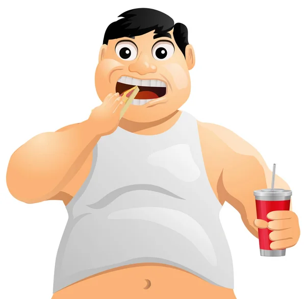 Obese Fat Man Eating Slice Pizza — Stock Vector