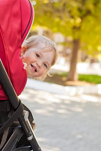 Gelukkig baby in een wandelwagen Stockfoto