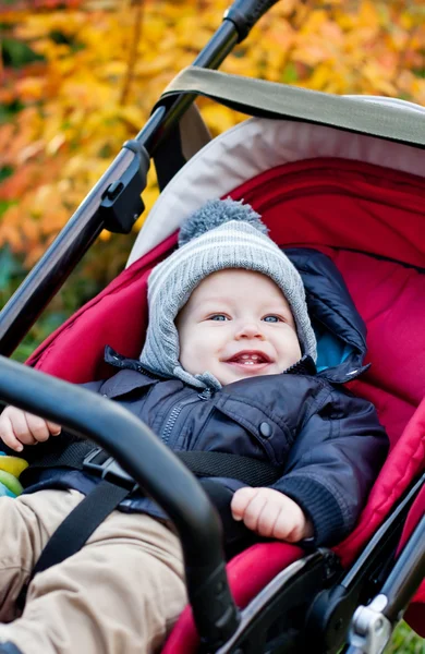 Lycklig pojke som sitter i en barnvagn — Stockfoto