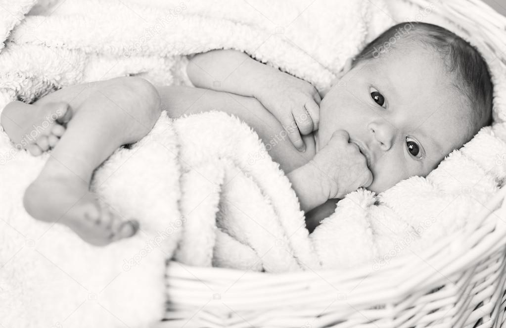 newborn baby boy lying in basket