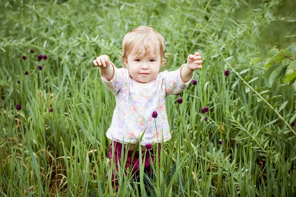 Bonito criança menina no o grama — Fotografia de Stock