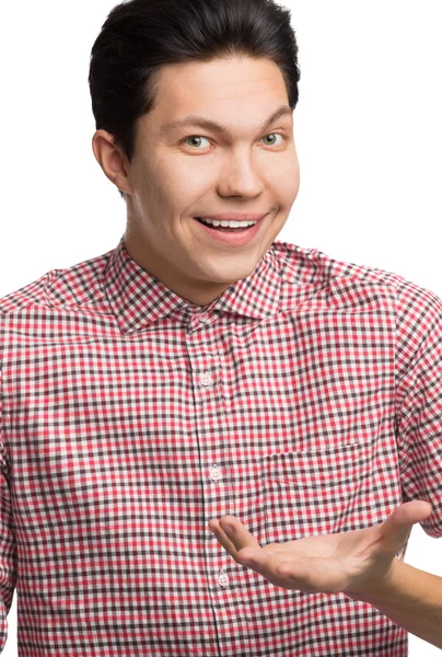 gülümseyen adam bir soru ya da cevap. Beyaz arka plan.