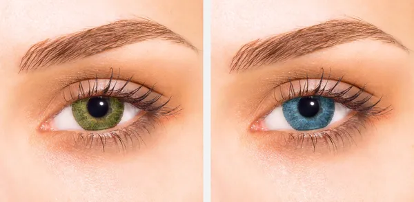 yeşil ve mavi kontakt lensler ile kadın göz closeup