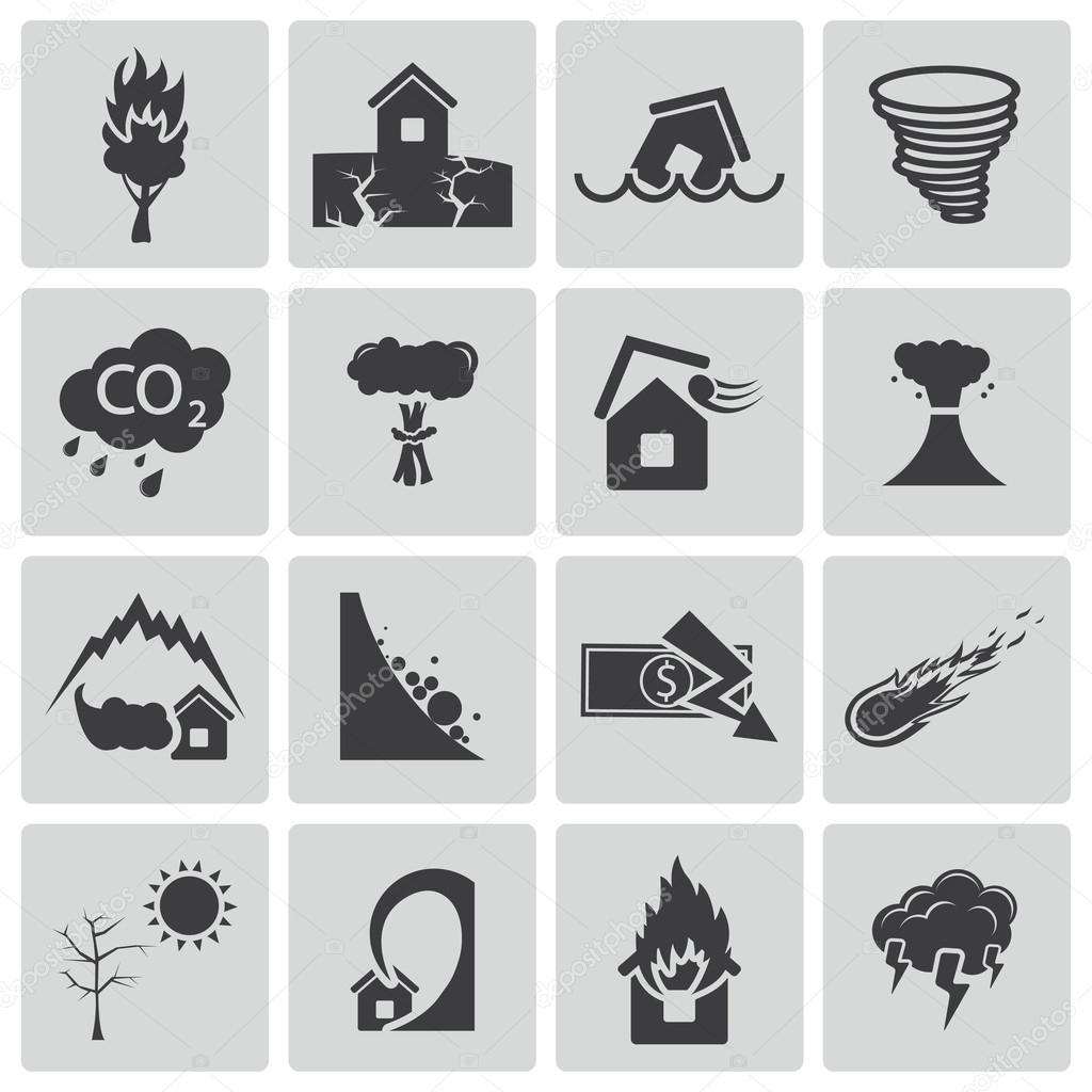 Vector black disaster icons set