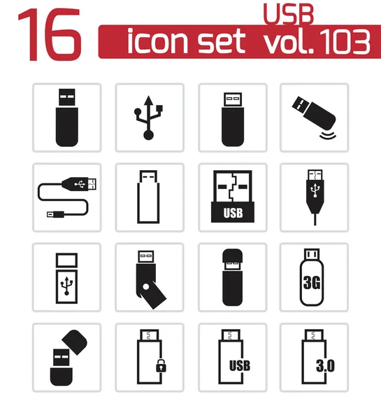 Vector zwarte USB-iconen set — Stockvector