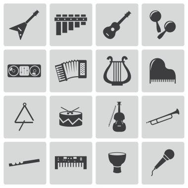 siyah müzik aletleri Icons set vektör