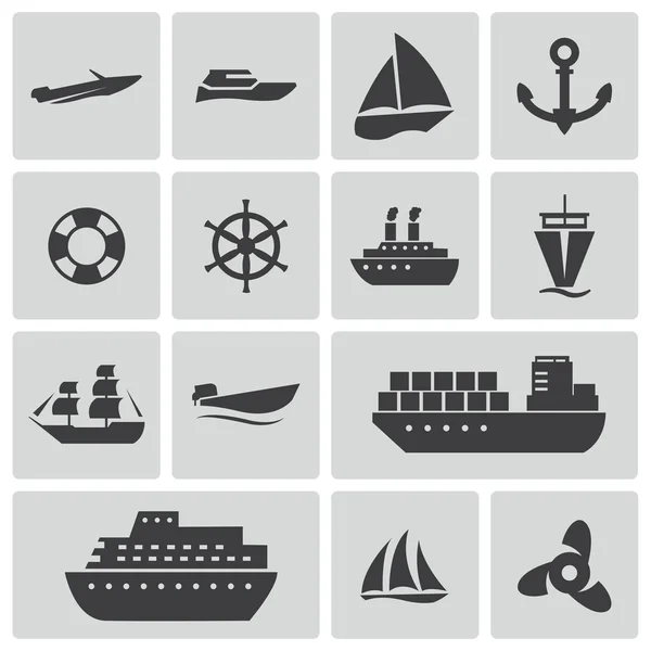 Vector black ship and boat icons set — Stock Vector