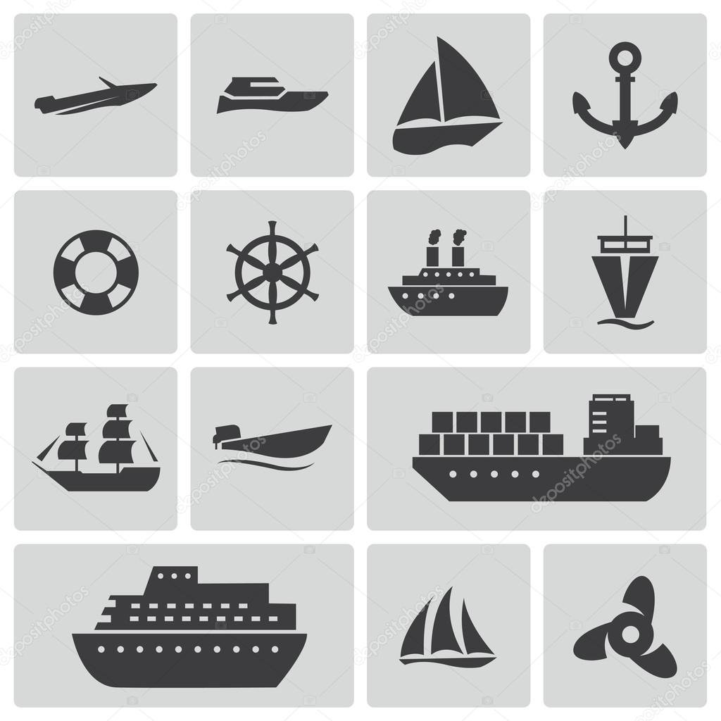 Vector black ship and boat icons set