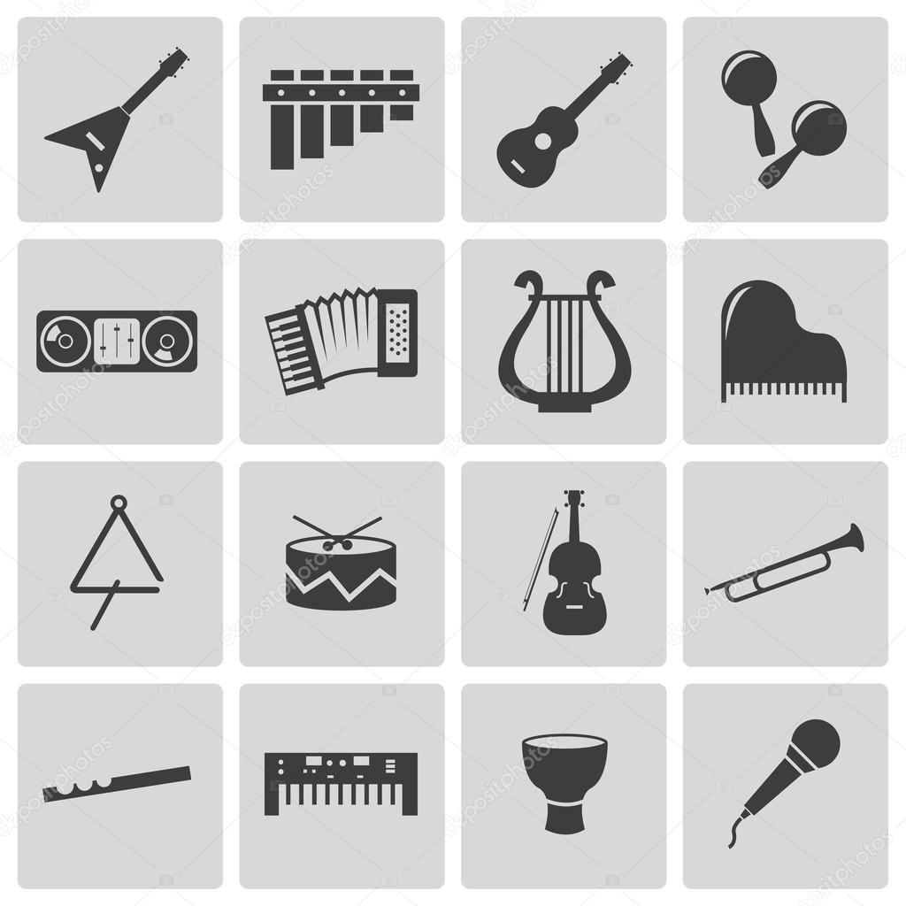 Vector black music instruments icons set