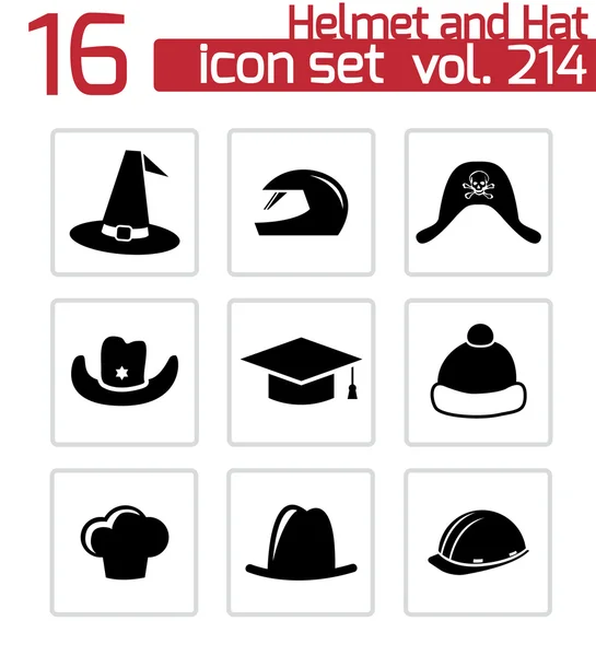 Vector black helmet and hat icons set — Stock Vector