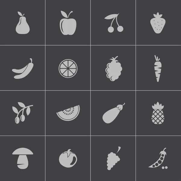 Vektor schwarze Früchte und Gemüse Symbole gesetzt — Stockvektor